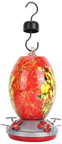 Phefop Buntes Kolibri-Futterhaus aus Glas mit Haken, Abnehmbarem Sockel und Ameisengraben für den Gartenhof, Lockt Kolibris an und Verhindert Eichhörnchen (Q1)