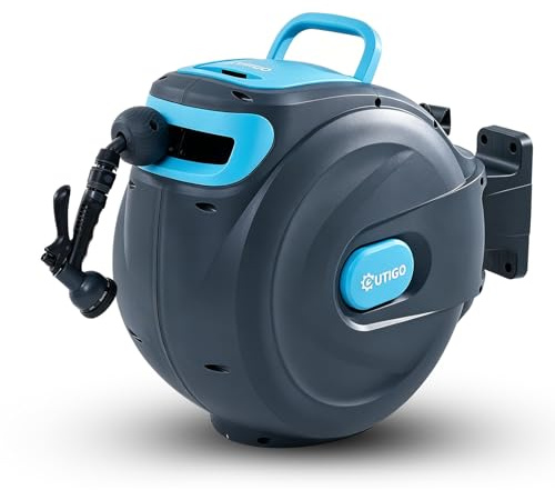 OUTIGO automatische Schlauchtrommel Wasser 35m, 180° schwenkbar mit Wandhalterung und Tragegriff, Schlauchaufroller mit 8-Muster-Sprühdüse und Aufroll-Automatik, zum Gießen und Autowaschen