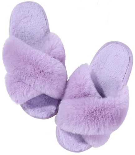 Zapatillas Esponjosas Cruzadas Zapatillas de casa peludas a la moda for mujer, chanclas piel esponjosa for dormitorio, zapatillas cálidas, suela gruesa, zapatos felpa con banda cruzada(Purple,42-43)