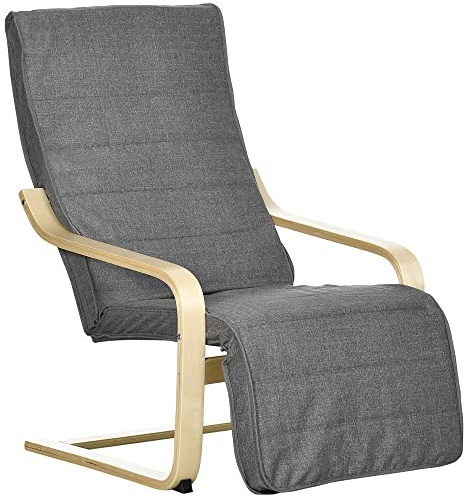 HOMCOM Fauteuil Relax Chaise de Salon avec Repose-Pied réglable déhoussable Confort et Relaxation 94 x 66,5 x 100 cm Bois Massif Gris