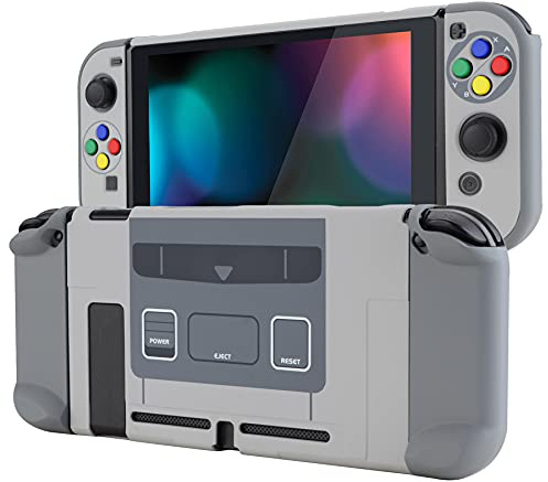 eXtremeRate PlayVital Back Cover for Nintendo Switch, NS Joycon Handheld Controller Protector Hard Shell, Dockable Protective Case with Colorful ABXY Direction Button Caps - SFC SNES Classic EU Style