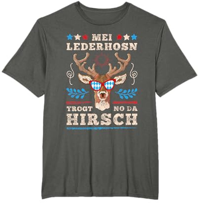 Bayern Wiesn Bekleidung Volksfest Outfit Herren, Kurzarm, Mei Lederhosn trogt no da Hirsch Tracht Kostüm Oktoberfest T-Shirt, S