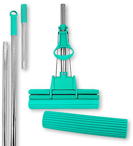 ABACUS® Wischmop Set, Wischmopp extrem saugstark + Ersatzschwamm + Verlängerungsstiel, Bodenwischer, Wischer, Mop, Mopp, Bodenreiniger, Bodenmop, Doppelwringer – Green Mop® Set 30 cm (7808.1)