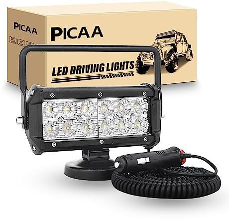 PICAA 1 PCS Luz de trabajo LED, 7 pulgadas 36W Imán portátil Flood Beam | con enchufe 12V-24V ,impermeable, Base magnética, LED Faro, para coche Tractor elevadora ATV Camión Offroad 4x4,cable de 5m