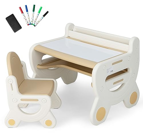 LIFEZEAL Barnbord, soffbord och stolar, med raderbart skrivbord, hylla, bokhylla, ergonomisk ryggstol, barnbord, plastbord, babyset 3–8 år (brun)