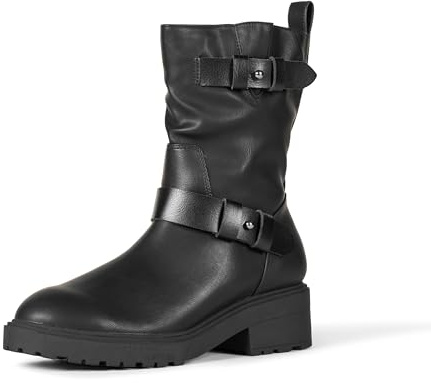 Amazon Essentials Women's Mid Calf Cropped Biker Boot, Faux Leather, Anti Slip, Black, 8