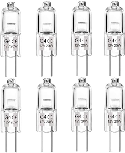 BXXKXMC G4 Halogen Light Bulbs 20W 12V, 8 Pack Clear Capsule 2 Pin Lamp Bulb Halogen Pin Base Warm White Dimmable