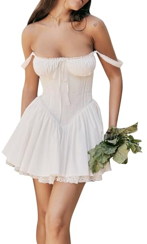 Fexofao Women's Milkmaid Dress Corset Mini Coquette Dress Sleeveless Square Neck Tie-up Front Short Tank Casual A-line Dress (White, M)