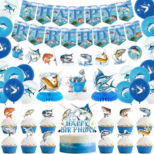 Obussgar Fishing Birthday Party Decorations - Fishing Party Supplies including Happy Birthday Banner, Spirals, Cake Toppers, Table Centerpieces, Balloons (L)
