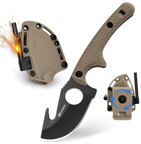 SPITZKANTE Cuchillo de Supervivencia HO-YN – Mini cuchillo de hoja fija para exteriores con clip giratorio de 360°, hoja de 6,2 cm, silbato integrado, cadena de bolas, hoja negra y mango caqui
