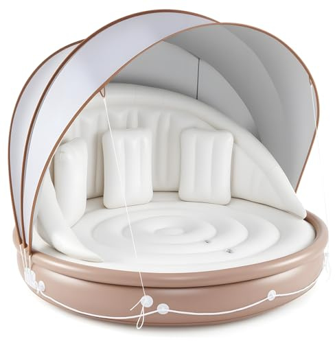 GYMAX Matelas Piscine Gonflable avec Auvent Détachable pour 2-3 Adultes