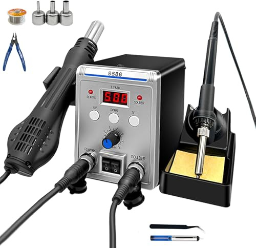 2 EN 1 de 700W Station Soudage à Air Chaud et Fer a Souder, Pistolet à air chaud, avec 3 Buses, écran LED, Température réglable 100~500°C, pour l'électronique, Projets de Bricolage Réparation
