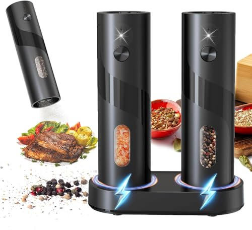 LiKiLiKi Electric Salt and Pepper Grinder Set with Rechargeable Base,Ceramic Grinders with Adjustable Coarseness,Rechargeable Electric Salt and Pepper Mill Set for Restaurant and Kitchen