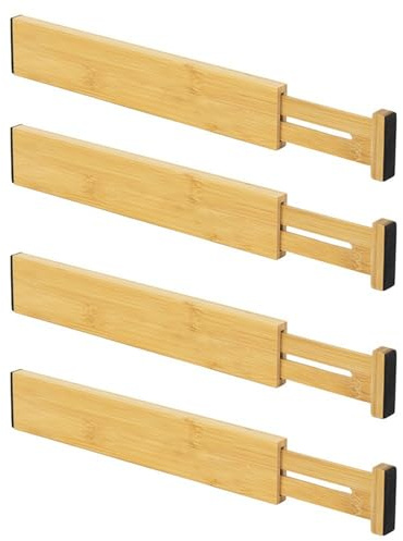 Everypan EveryHomeware Bamboo Drawer Dividers, Spring-Loaded Adjustable Organizers, Natural Wood, Set of 4, Non-Slip Pads, Kitchen and Office Storage