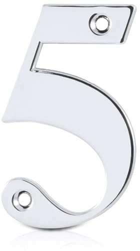 XFORT Polished Chrome Front Door Number 5, House Number Suitable for All Door Types including Wooden, uPVC, and Composite.