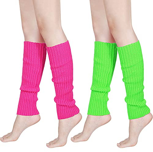 Syhood 80s Women Knit Leg Warmers Ribbed Leg Warmers for Party Accessories (Rose Red, Fluorescent Green, 2)