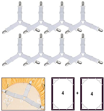 WADEO Verstellbare Bettlakenspanner, 8 Stück Bettlakenspanner mit Metallclips, 3-Fach verstellbare Dreieck-Laken-Träger, Elastisch Bettlakenclips für Bettwäsche, Matratzenbezüge, Sofakissen (Weiß)