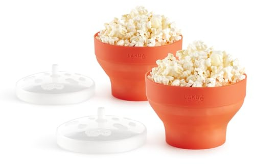 Lékué Microwave 2 x Mini Popcorn Makers | XS | Red | Fast, Healthy Pop-Up Popcorn Bowl, Cooks Serving in 1.5 mins | Folds Down to Save Space, No Oil Needed, Includes Fat-Free Recipes | Dishwasher Safe