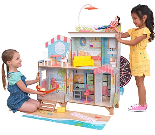 KidKraft Riesenrad Strandhaus Puppenhaus aus Holz mit Möbeln und Zubehör, Spielset mit Hängematte und Strandstuhl für 30 cm Puppen, Spielzeug für Kinder ab 3 Jahre, 20053