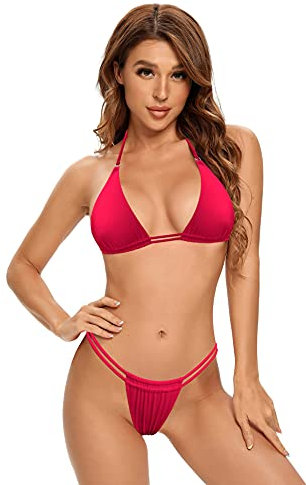 SHEKINI Damen Bikinis Set Klassischer Triangel Bikinioberteil Verstellbarer Ties up Bikinihose Sexy Ruched Strandbikini (M, Himbeer Rot F)
