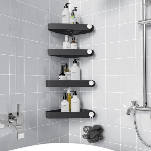 Sotfamily Plastic Shower Caddy Corner (for 90° Only), 4 Pack Adhesive Corner Shower Shelves for Smooth Wall Bathroom Organizers and Storage, Black
