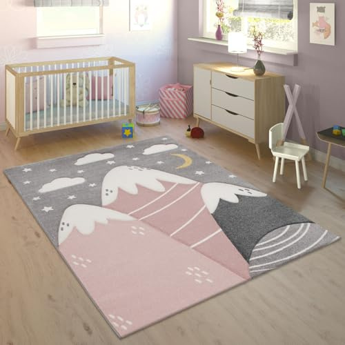 Paco Home Teppich Kinderzimmer Kinderteppich Spielteppich Junge Mädchen 3D Optik Modern Pastell Berge Wolken Sterne, Grösse:120x170 cm