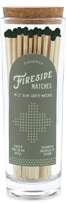 Paddywax Glass Jar Match Holder with Striker with 85 Fireplace Fireside Safety Matches, Green Tip