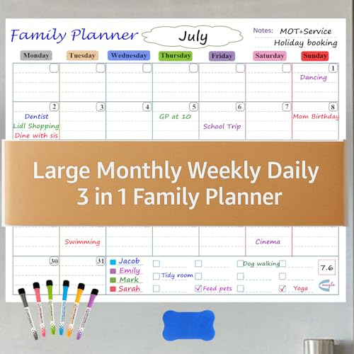 Large XL Monthly Planner Whiteboard starts from Monday, with Weekly and Daily functions by Mgala. Dry Erase Calendar 50.5x42cm, Magnetic White board Family Calendar 2026, UK Brand