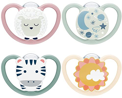 NUK Space Day & Night Babyschnuller | 18-36 Monate | Im Dunkeln leuchtende Schnuller mit zusätzlichen Öffnungen für sensible Haut | BPA-freies Silikon | Zebra & Schaf | 4 Stück