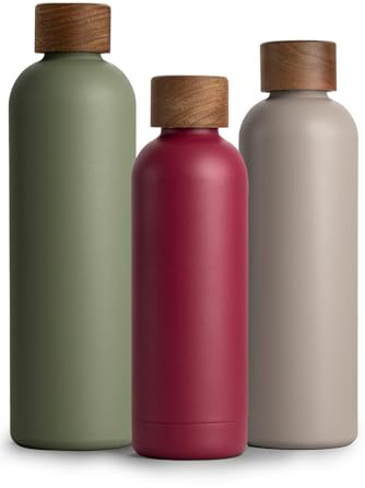 T&N Edelstahl Trinkflasche 500ml, Thermosflasche 0.5l mit Akazienholz Deckel, Isolierte Wasserflasche auslaufsicher bei Kohlensäure, Isolierflasche 500 ml - Berry Red