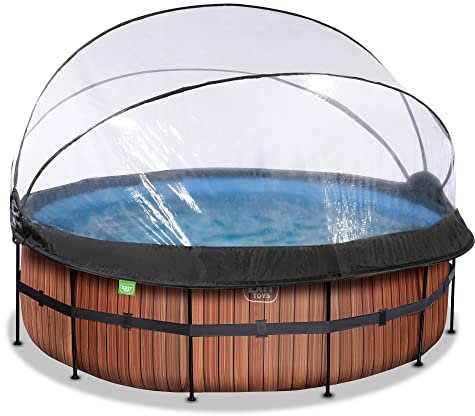 EXIT Toys Wood Pool with Multifunctional Cover - ø14x4ft - Large, Round Frame Pool with Sand Filter Pump and Pool Ladder - Extra Deep Pool - For Clean and Warm Pool Water - Brown
