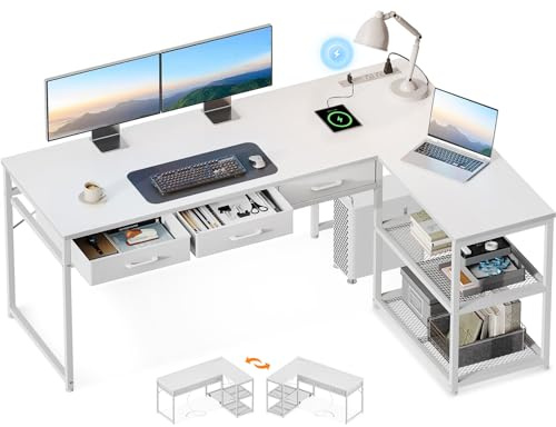 AODK 61 Inch L Shaped Computer Desk with Drawers, Corner Desk with Power Outlets & Reversible Storage Shelves, for Home Office Gaming, White