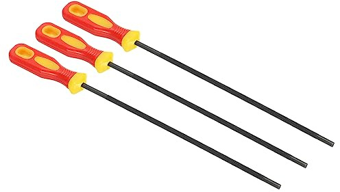 PATIKIL Motosega Catena Affilatura Lima, 3pz 3/16- (4.8 Mm) Rotonda Catena Sega Affilatrice Lima con Plastica Manico per Motosega, Rosso Giallo