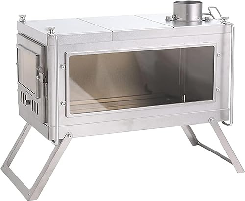 HACSYP Small camping stove, Portable Wood Burning Stove, Folding Lightweight Windshield Stove, for Outdoor Backpacking Tent (Color : Double Glass, Size : 3M chimney pipe)