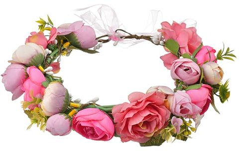 Whakano Blumenkranz Blume Krone Stirnband,Rose Braut Haarschmuck,für Damen Hochzeit Zeremonie Festival Party Strand,Boho Braut Haarschmuck,Blumenkranz Haare Kinder,Haarkranz Trockenblumen,Rosenrot