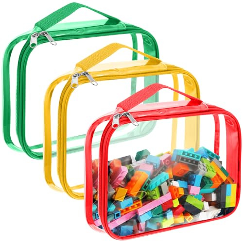 Sanwuta 3 Packs Toy Storage Bags with Zipper, Clear PVC Organizing Waterproof Toy Bags for Board Games, Building Blocks, and Kids Books(12.6 x 9 x 2.36 Inch,Red, Yellow, Green)
