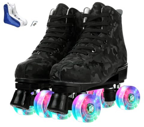 XUDREZ Rollschuhe für Damen und Herren, hochgeschlossen, beleuchtet, Derby-Skates, zweireihig, Unisex, für Jungen und Mädchen, für Anfänger, drinnen und draußen, mit Schuhtasche, Schwarz mit
