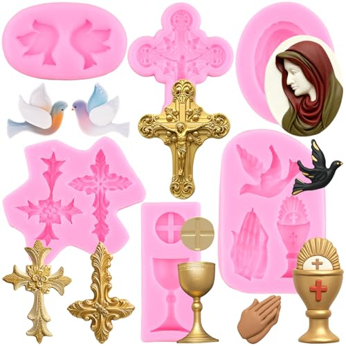 RFGHAC Kreuz Silikonform Kommunion Kelch Taube Fondant Formen Taufe Kuchenform für Taufe Party Kuchen Dekorieren Cupcake Topper Polymer Clay Candy Chocolate Gum Paste 6 Stück