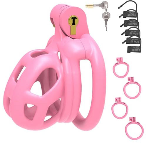 BDSMYOU Gabbia di Castità Rosa,Include 4 Anelli per Testicoli di Diverse Dimensioni,Chastity Cage Maschile in Resina 3D,BDSM Bondage Sex Toys,Toys Sessuali per Uomini (S)