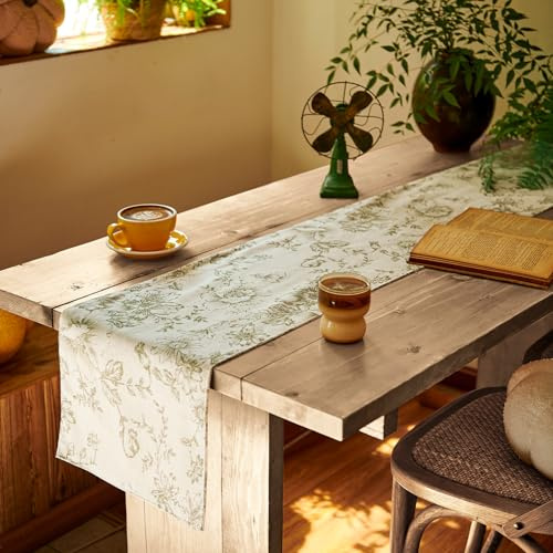 jinchan Floral Linen Table Runner for Kitchen Farmhouse 13 x 108 Inch for Kitchen Island Cloth Dining Table Indoor Outdoor Decor 1 Panel Green on Beige