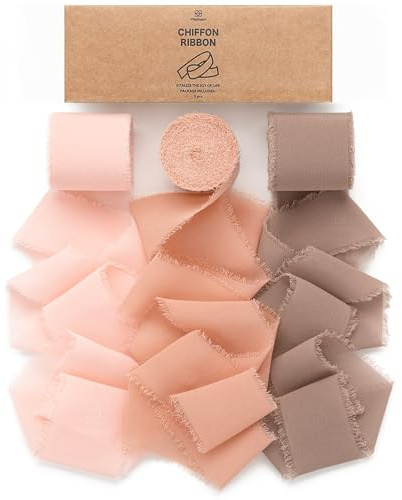 Vitalizart Geschenkband Braun & Rosa 3,8 cm x 19,2 m Schleifenband Breit | Chiffonband 6,4 m x 3 Rollen Stoffband Set für Hochzeitseinladungen, Brautsträuße, Geschenke, Verpackungen, DIY-Basteln