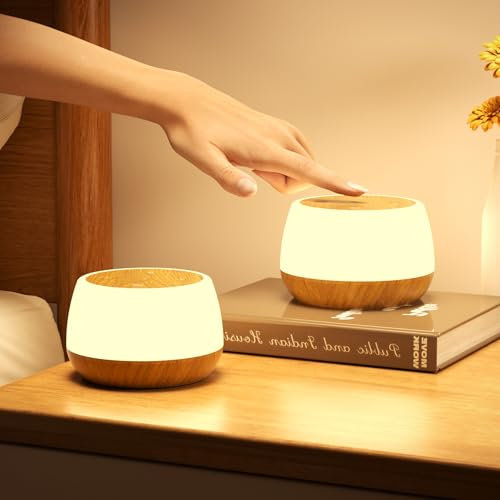 Bonsery LED Nachttischlampe Touch Dimmbar 2er Set, Tischlampe Kabellos USB Aufladbar mit Timing, Baby Nachtlicht Kinder mit RGB Farben & 3 Modi Holzmaserung Stilllicht für Schlafzimmer Wohnzimmer