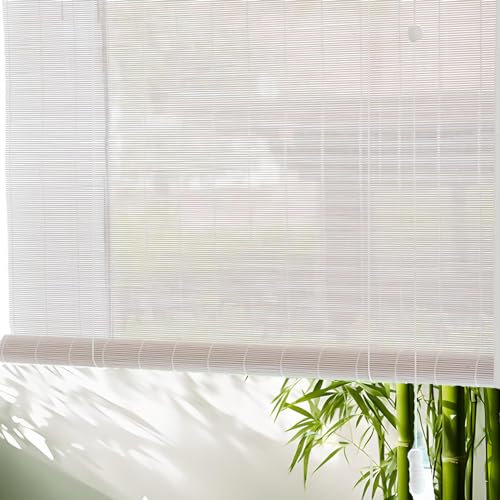 Weiß Natur Bambus Rollo,Retro Raffrollo Holzrollo Seitenzugrollo 55% Blickdicht Jalousien,Verdunkelungsrollos,Sichtschutz Sonnenschutz Für Garten/Balkon/Küche,,Anpassbar (Y,140x280cm/55x110in)