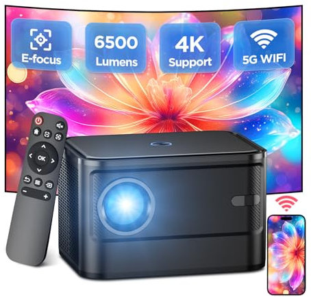 Mini Proiettore,Messa a Fuoco Motorizzata/Correzione Trapezoidale Motorizzata,Supporta la Decodifica HD 4K,Display da 6500 Lumen con Elevata Luminosità,Correzione Digitale ±15,Cinema WiFi Dual Band 5G