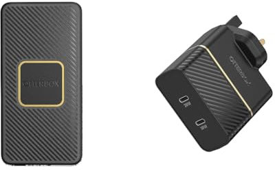 OtterBox Fast Charge Power Bank with Qi 10W Wireless Charging & OtterBox Dual Port UK Wall Charger 50W, USB-C PD 30W GaN + USB-C PD 20W