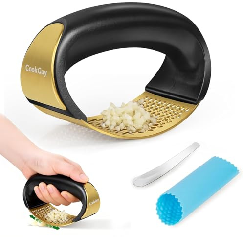 Cook Guy Presse-ail à bascule en acier inoxydable 304 – Hachoir à ail innovant avec éplucheur et grattoir – Prise en main confortable pour hacher sans effort (doré)