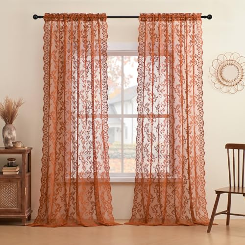 Spetsgardiner, 2 stycken, hus på landet, genomskinliga, för vardagsrum, sovrum, dragsko, ljusfiltrering, vintagestil, fransk, pumpa-höst-fönsterdekoration, 132 x 248 cm, rost/terrakotta