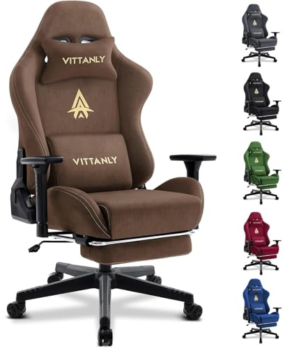 Vittanly Gamingstol, lyxig mockaimitation, spelstol, kontorsstol, ergonomisk skrivbordsstol med fotstöd, nackstöd och ländryggskudde, 3D-armstöd, 90–155° ryggstöd, brun