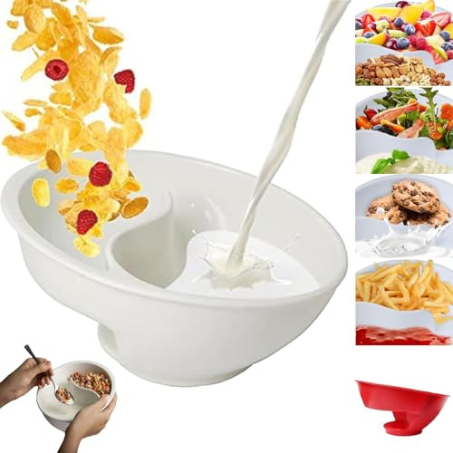 POTKFMN Never Soggy Cereal Bowl, Anti Soggy Cereal Bowls, Cereal Bowl Separate Milk, Divided Cereal Bowl with Slide, Split Cereal Bowl, Crunch Snack and Dip Bowls Plastic Cereal Bowl (White)