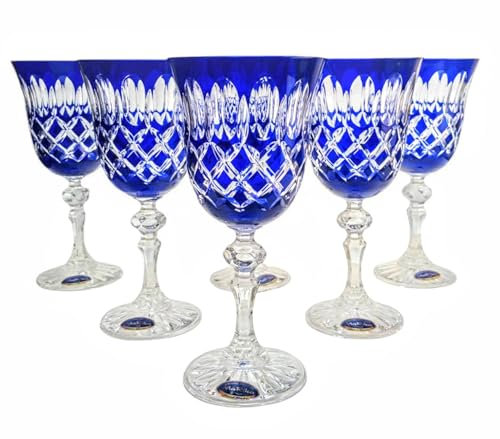 MaRika Lot de 6 verres à vin en cristal, 220 ml, bleu cobalt, faits à la main, parfaits pour le vin rouge et le vin blanc, idée cadeau